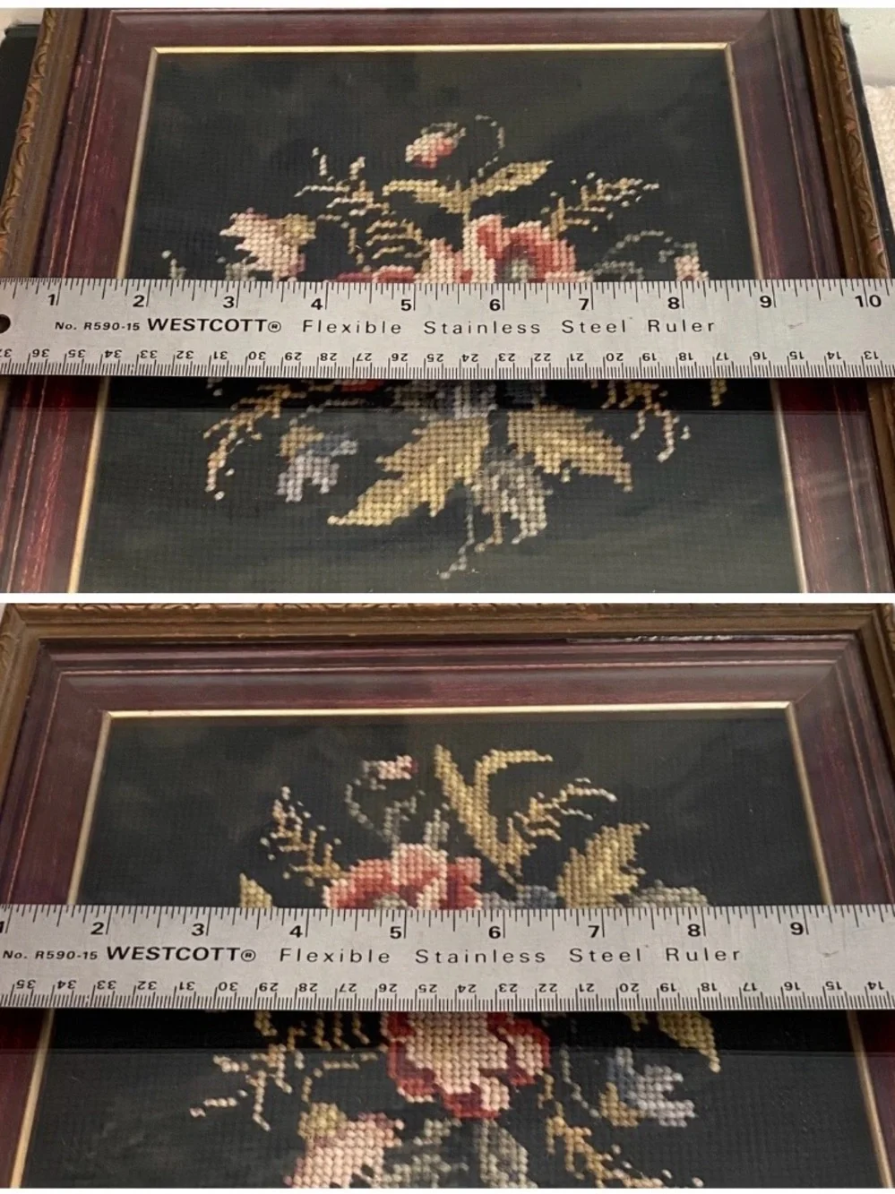 Antique Black Wool Floral Needlepoint Framed Art Panel Handmade Bouquet Flowers - Picture 10 of 10